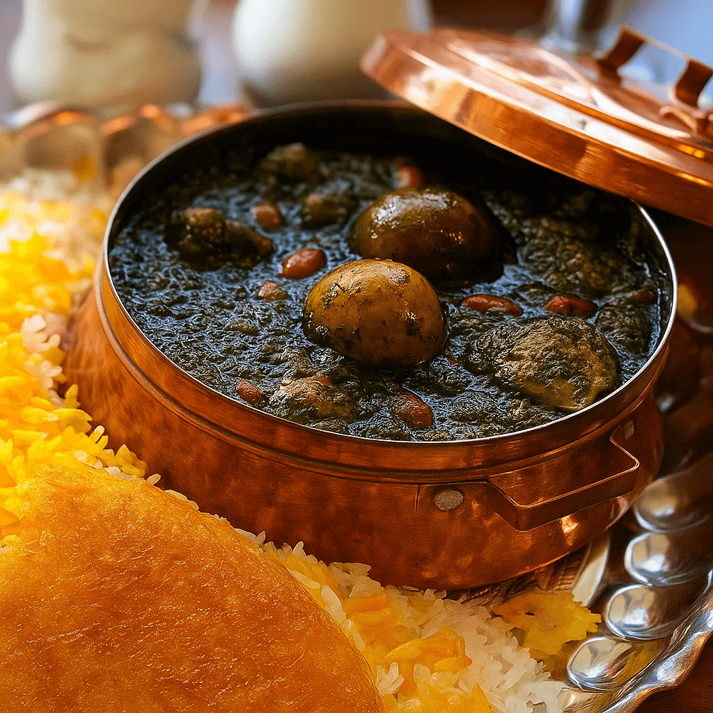  alt="قورمه سبزی آماده شده با اجاق خوراک‌پزی نفتی همراه با فتیله نسوز" 