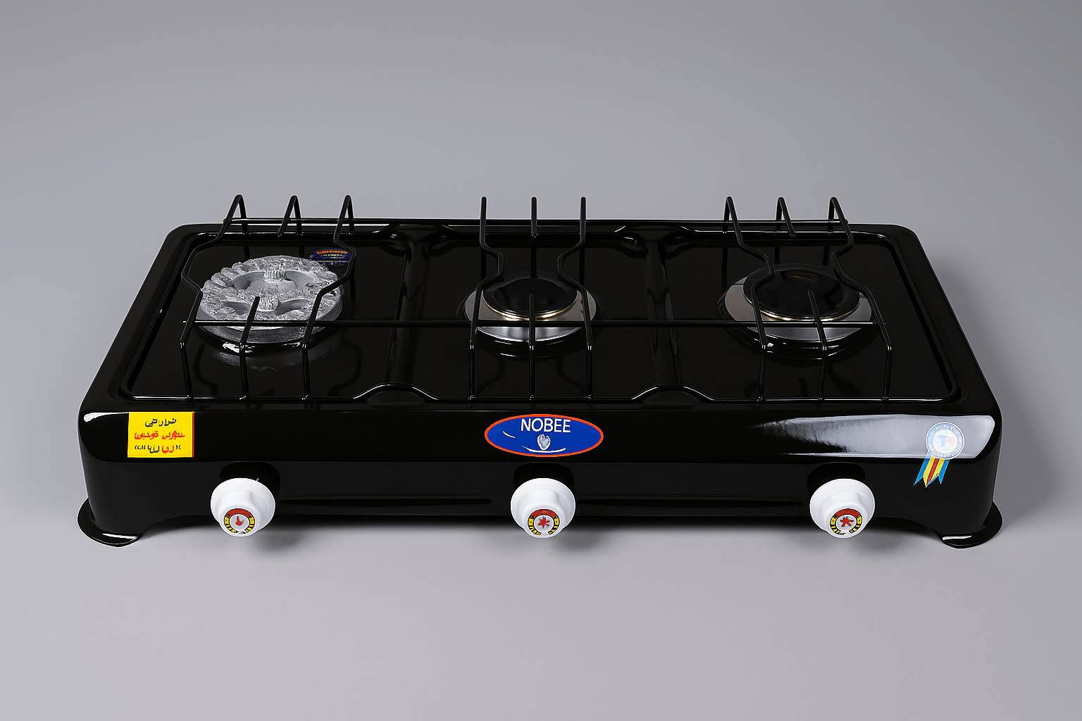 گاز رومیزی سه شعله مشکی رنگ Nobel مناسب پختوپز خانگی و آشپزخانه آپارتمانی