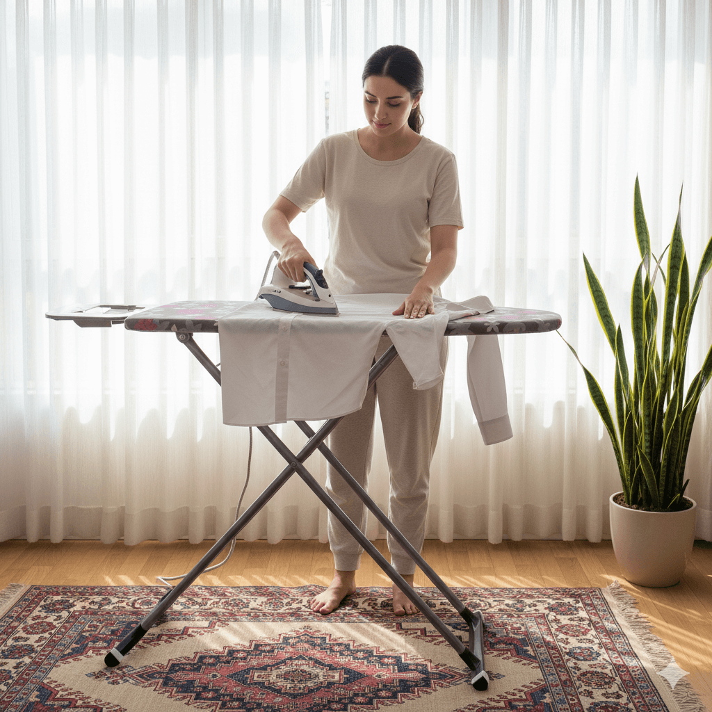  خانم در حال اتو کشیدن لباس بر روی میز اتو ایستاده پریزدار نیلو ضدلغزش ۳ حالته 