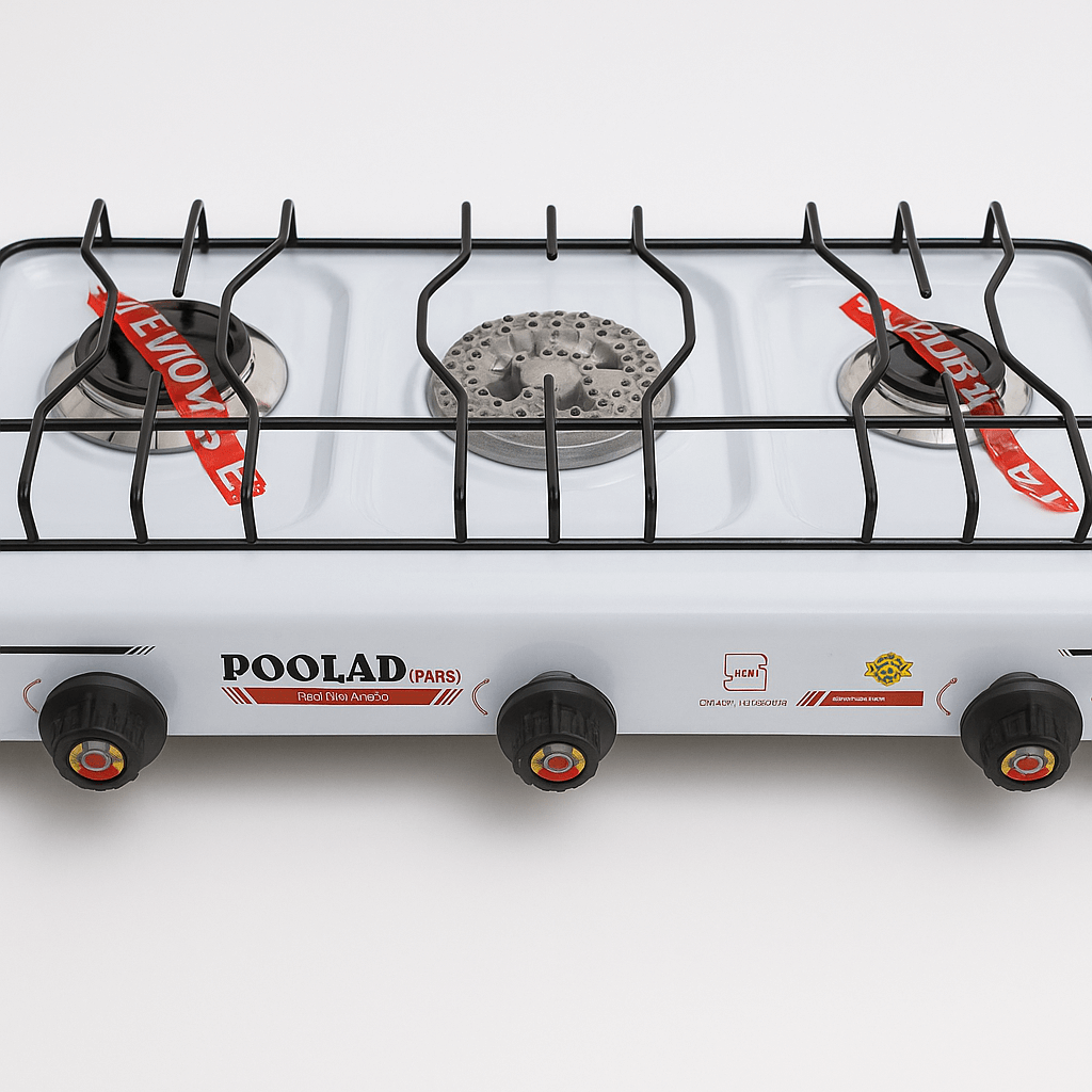 تصویر واقعی اجاق گاز سه شعله رومیزی با بدنه فلزی و شبکههای چدنی مقاوم